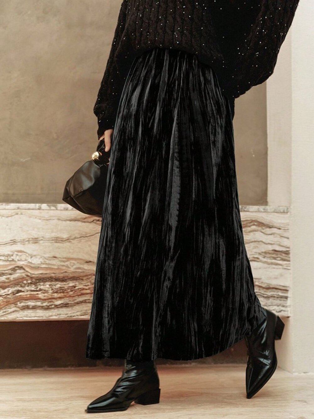 Black Casual Women's Elegant Velvet Skirt